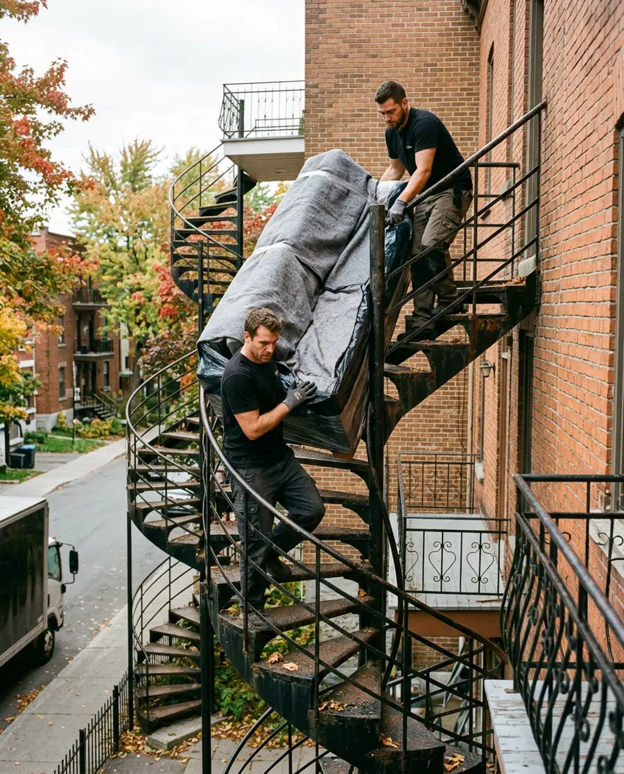 Deux déménageurs descendant un sofa emballé dans un escalier en colimaçon